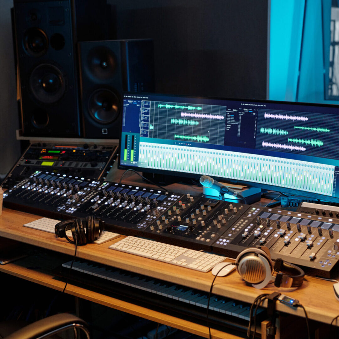 A professional audio mixing setup with dual monitors and studio speakers.